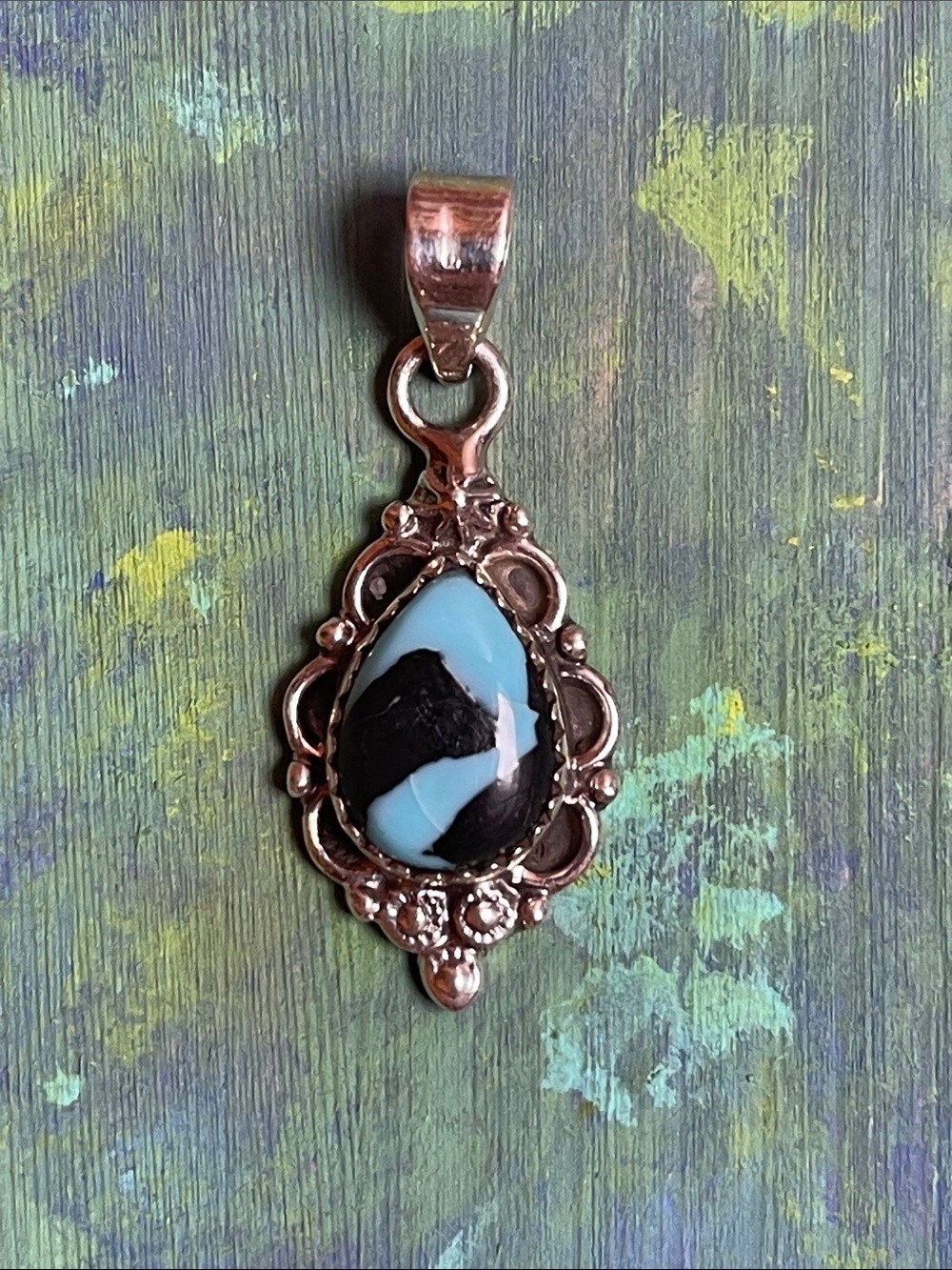 Sterling Silver black jack Turquoise Teardrop Pendant